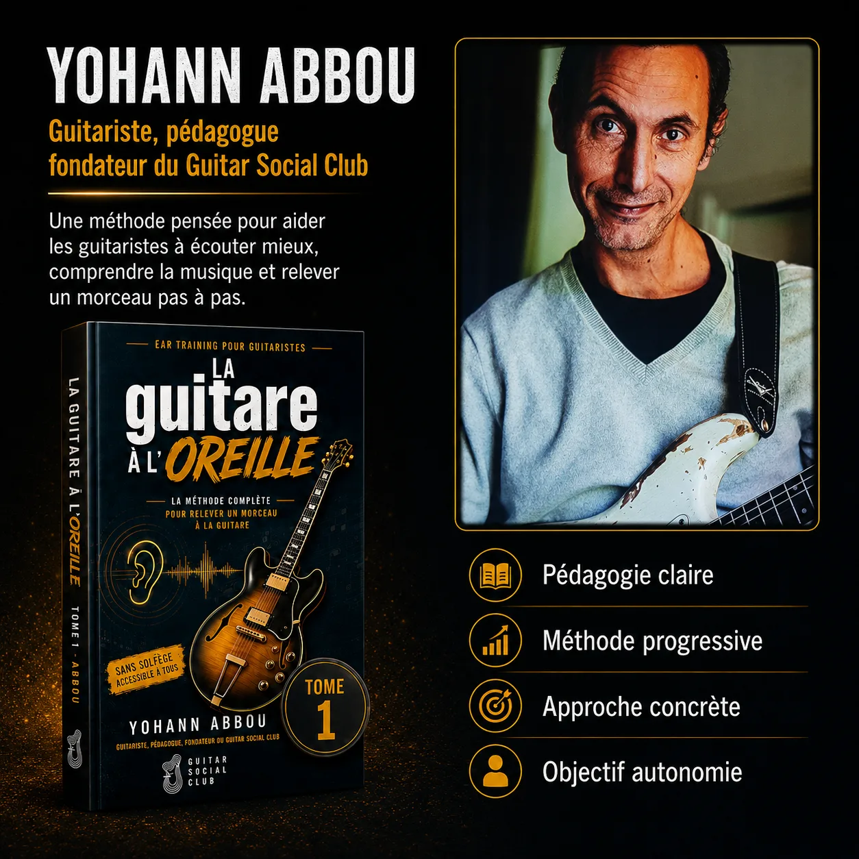 Livre La guitare à l’oreille tome 1 conçu par Yohann Abbou pour aider les guitaristes à écouter, comprendre et relever un morceau