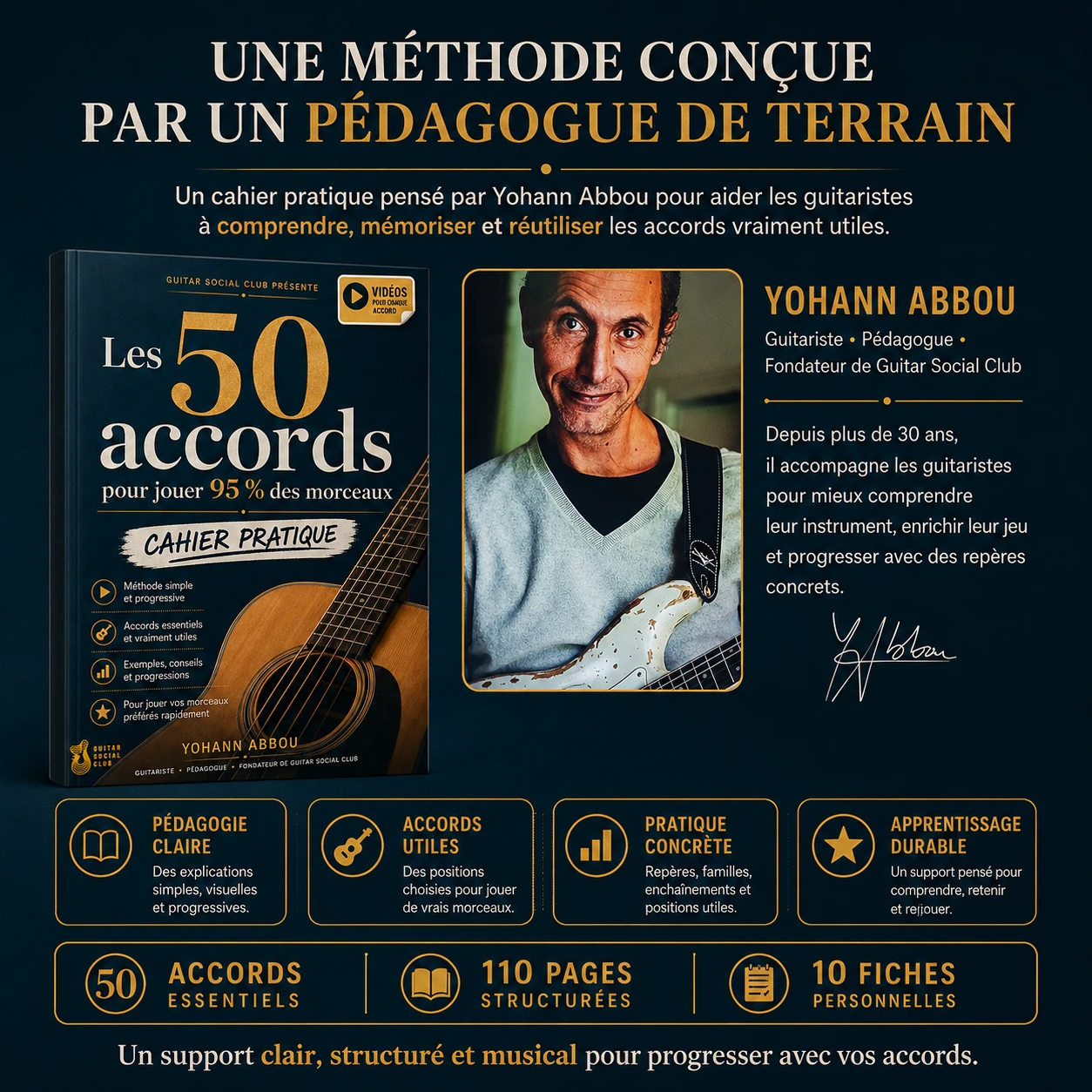 Livre 50 accords conçu par Yohann Abbou pour aider les guitaristes à mieux comprendre et enchaîner les accords