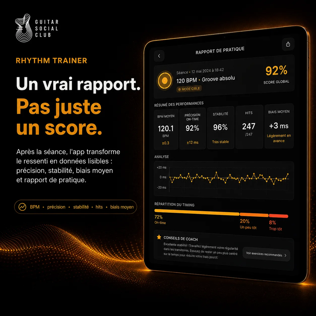 Rapport de séance du Rhythm Trainer avec tempo moyen, stabilité, précision et progression après l’entraînement au métronome