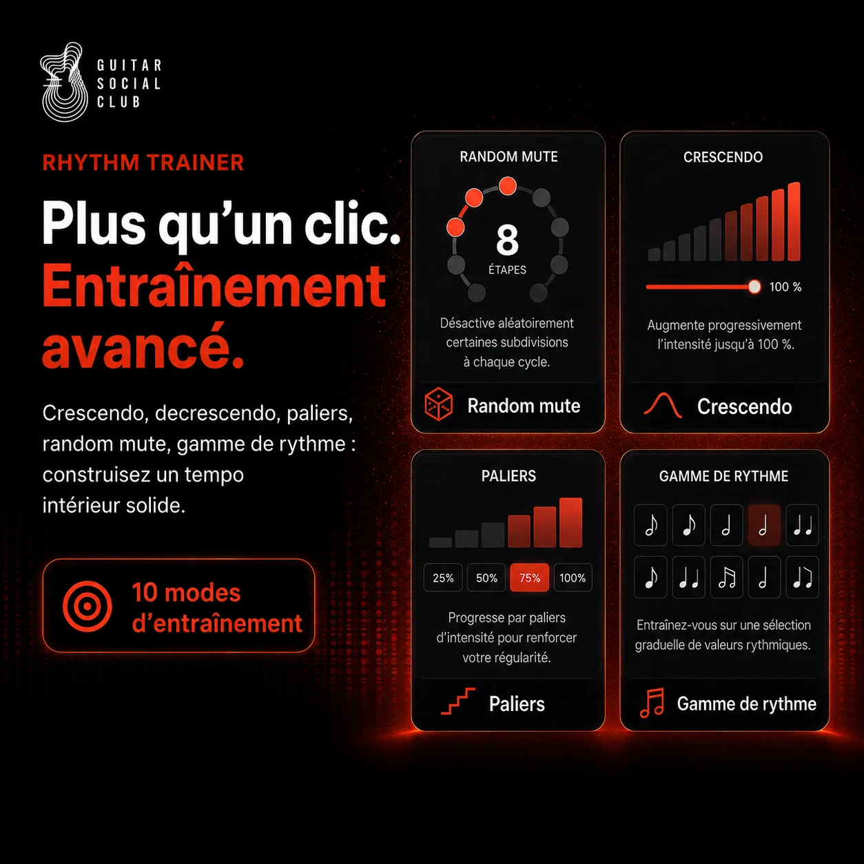 Modes d’entraînement avancés du métronome GSC avec random mute, crescendo, paliers et gamme de rythme