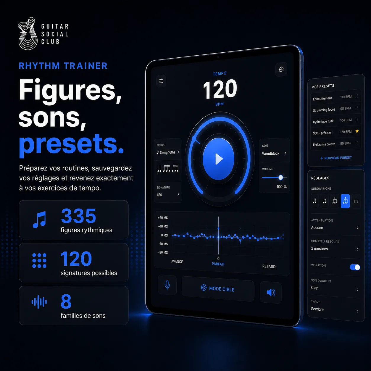 Rhythm Trainer propose des figures rythmiques, signatures possibles, sons et presets pour adapter le travail du rythme guitare