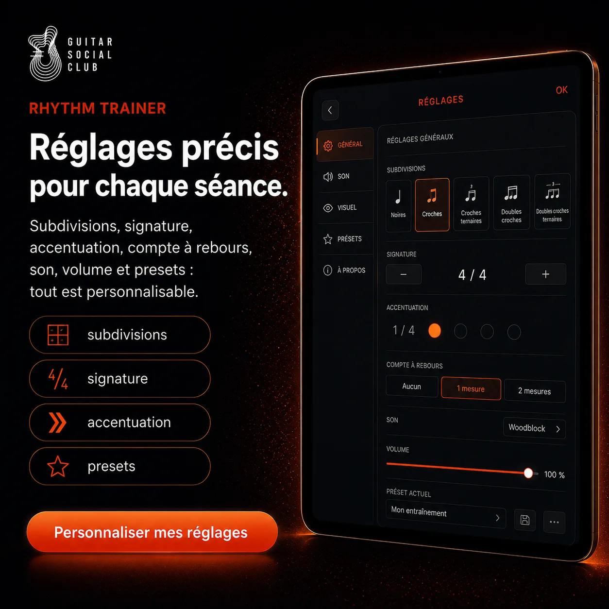 Réglages précis du métronome avec subdivisions, signature, accentuation, compte à rebours, volume et presets personnalisables
