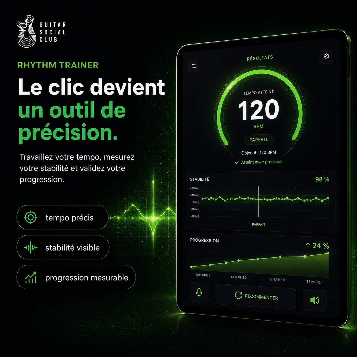 Le métronome GSC devient un outil de précision pour mesurer la stabilité du tempo et valider la progression rythmique