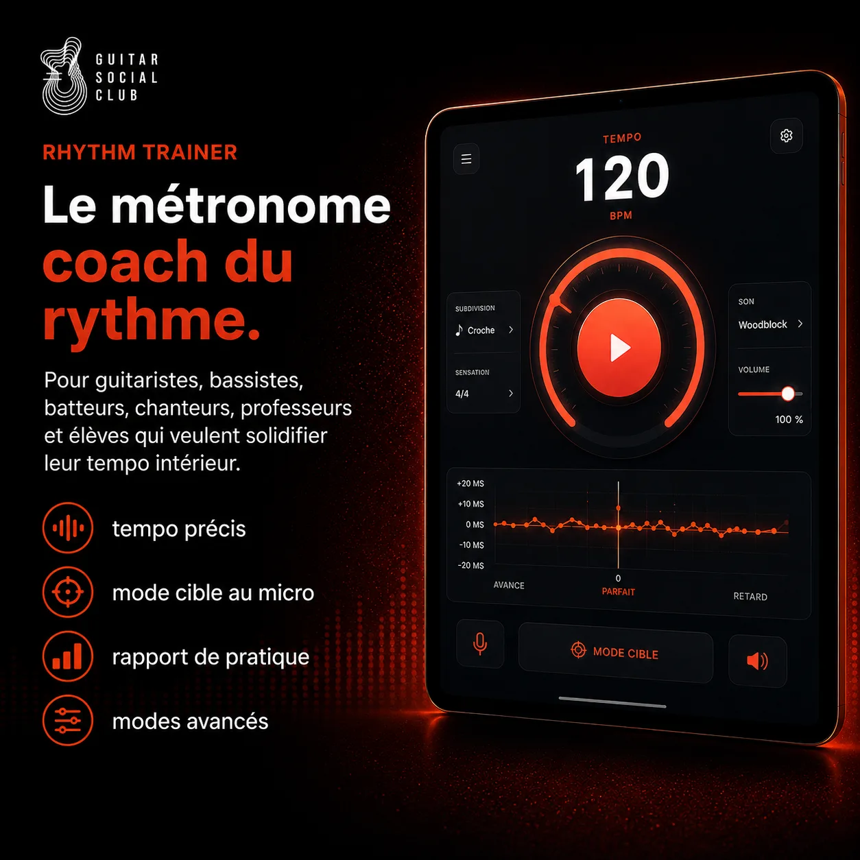 Métronome coach du rythme pour guitaristes, bassistes, batteurs, chanteurs, professeurs et élèves qui veulent solidifier leur tempo intérieur