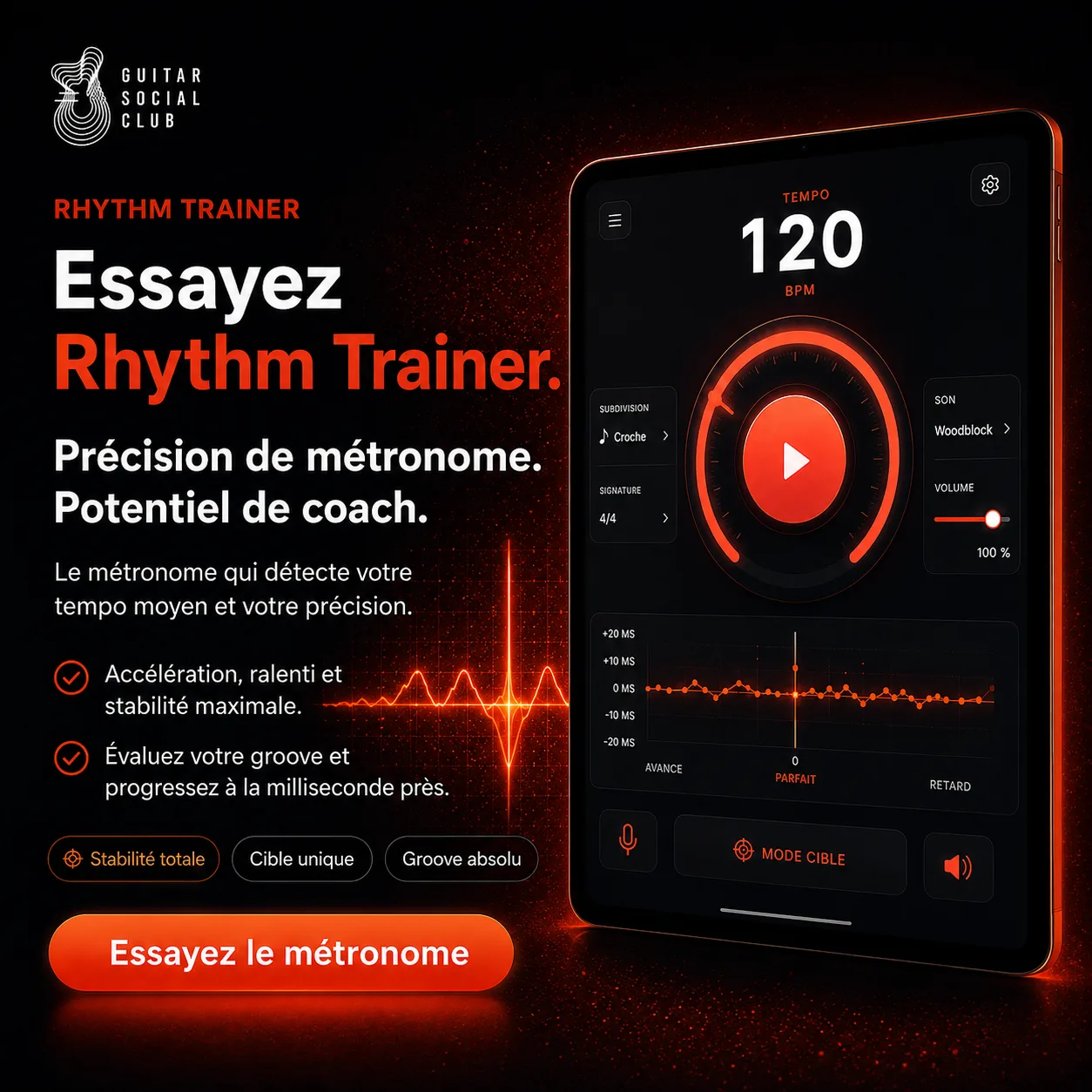 Présentation de Rhythm Trainer, métronome coach GSC pour évaluer son groove, sa stabilité et sa précision au fil des séances