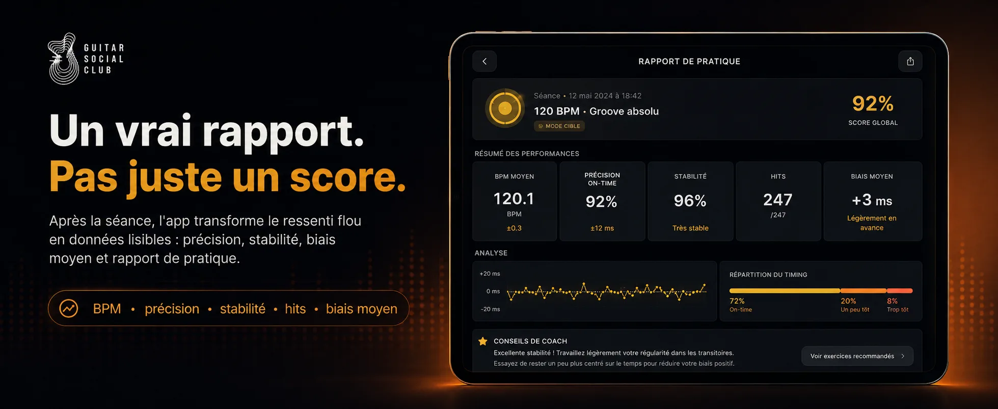 Métronome & Rhythm Trainer GSC affiche un rapport de séance avec tempo moyen, stabilité et repères de progression
