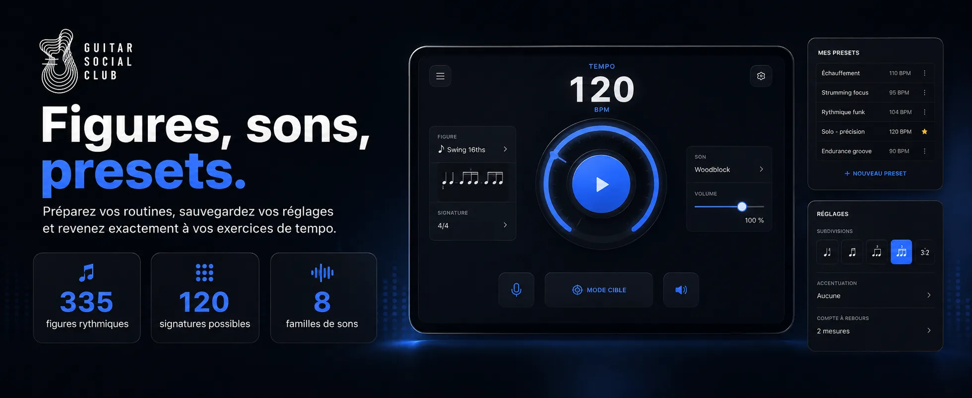 Métronome & Rhythm Trainer GSC permet de travailler subdivisions, signatures rythmiques, sons et presets personnalisés