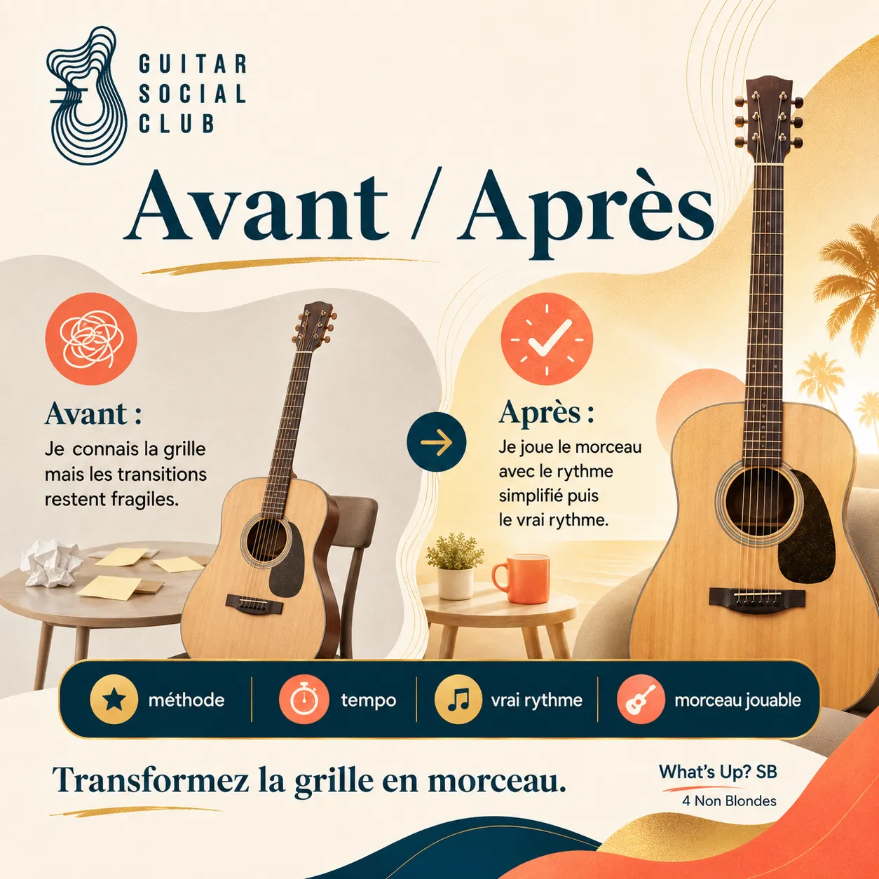 Avant après pédagogique pour transformer la grille en morceau sur What's Up?