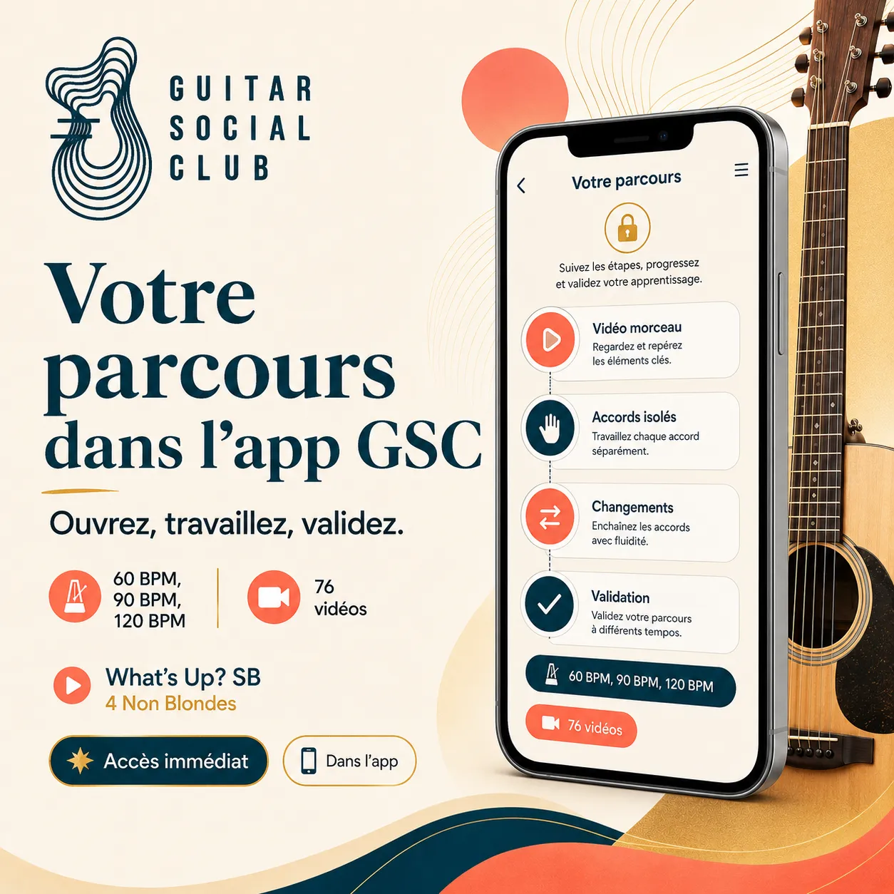 Mockup app Guitar Social Club du parcours What's Up?