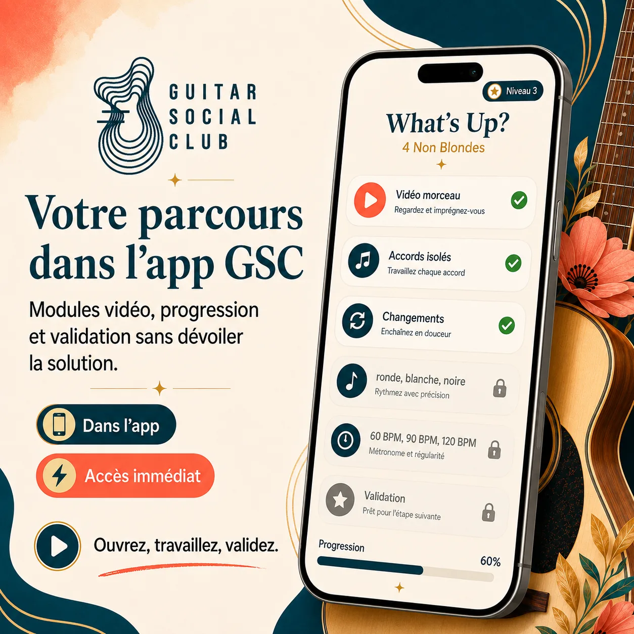 Mockup app Guitar Social Club du parcours What's Up?