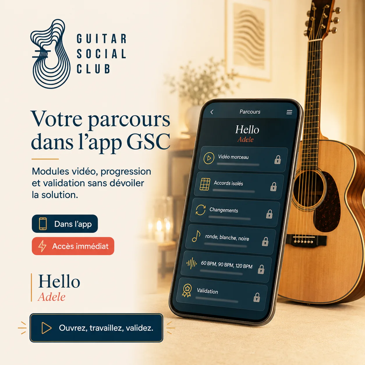 Mockup app Guitar Social Club du parcours Hello