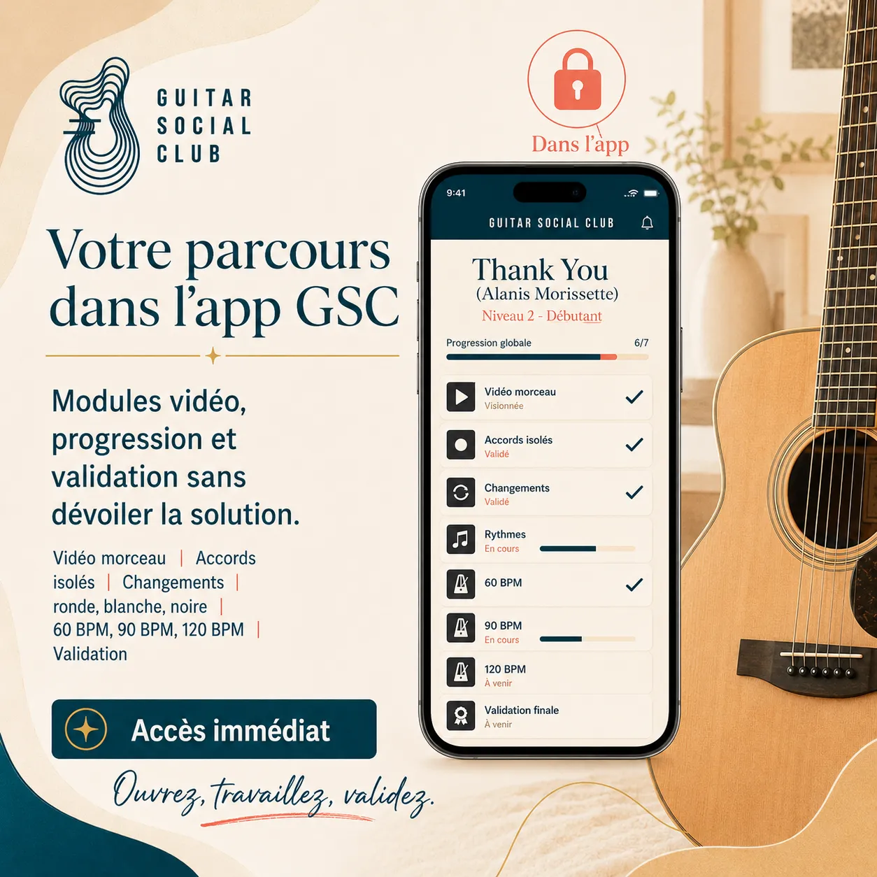 Mockup app Guitar Social Club du parcours Thank You par Alanis Morissette