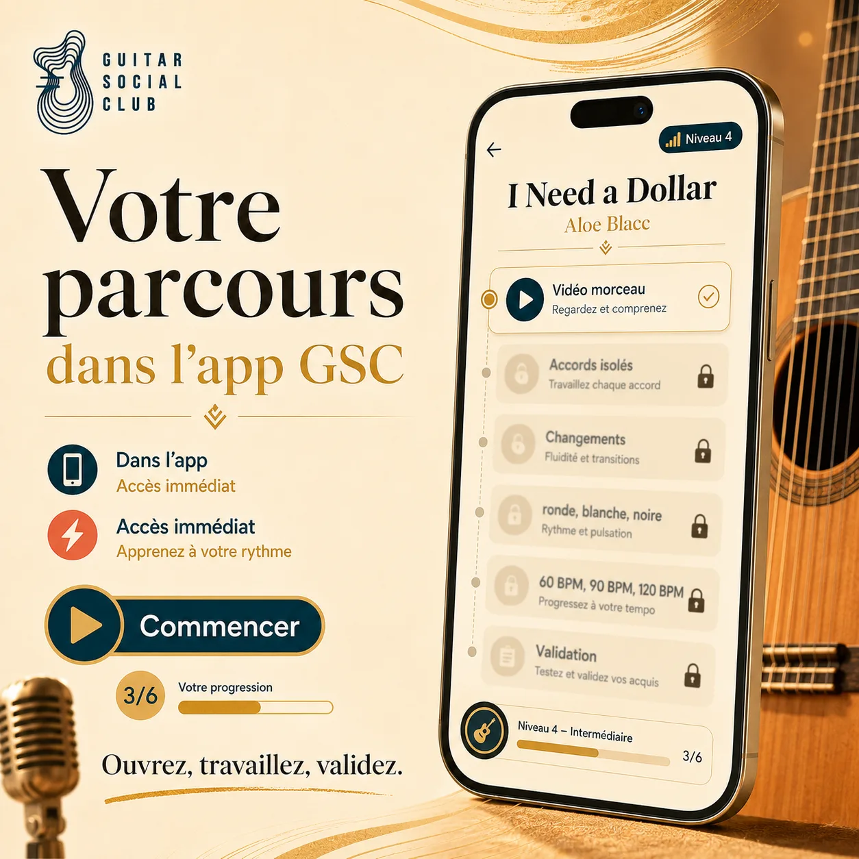 Mockup app Guitar Social Club du parcours I Need a Dollar