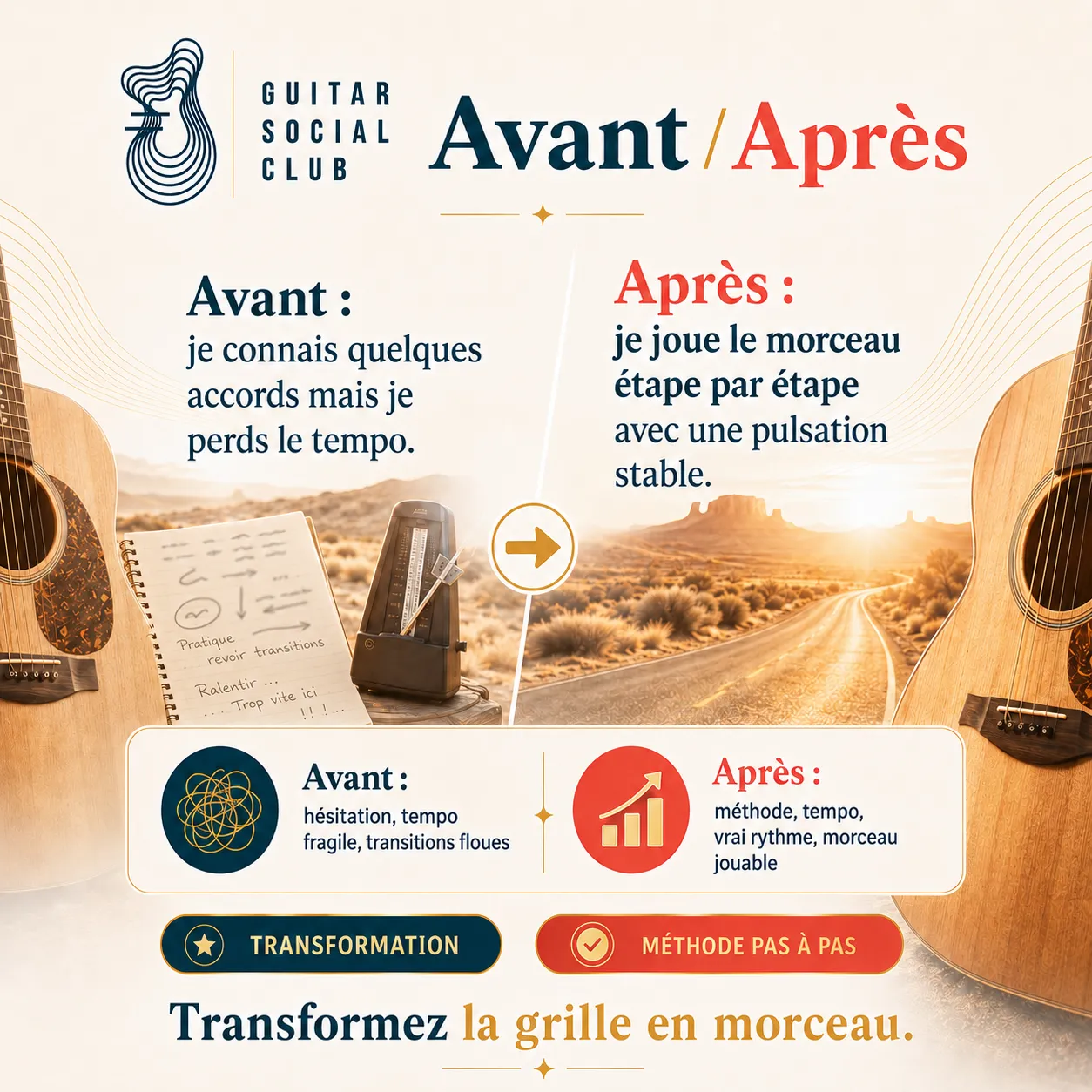 Avant après pédagogique pour transformer la grille en morceau sur A Horse with No Name
