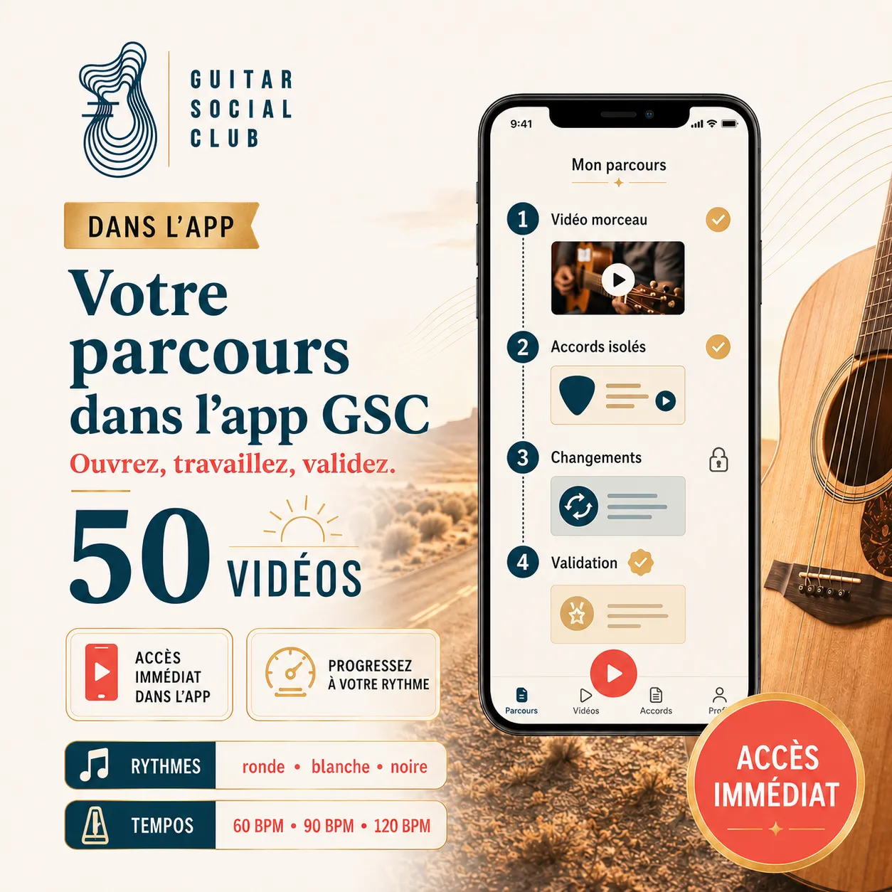 Mockup app Guitar Social Club du parcours A Horse with No Name