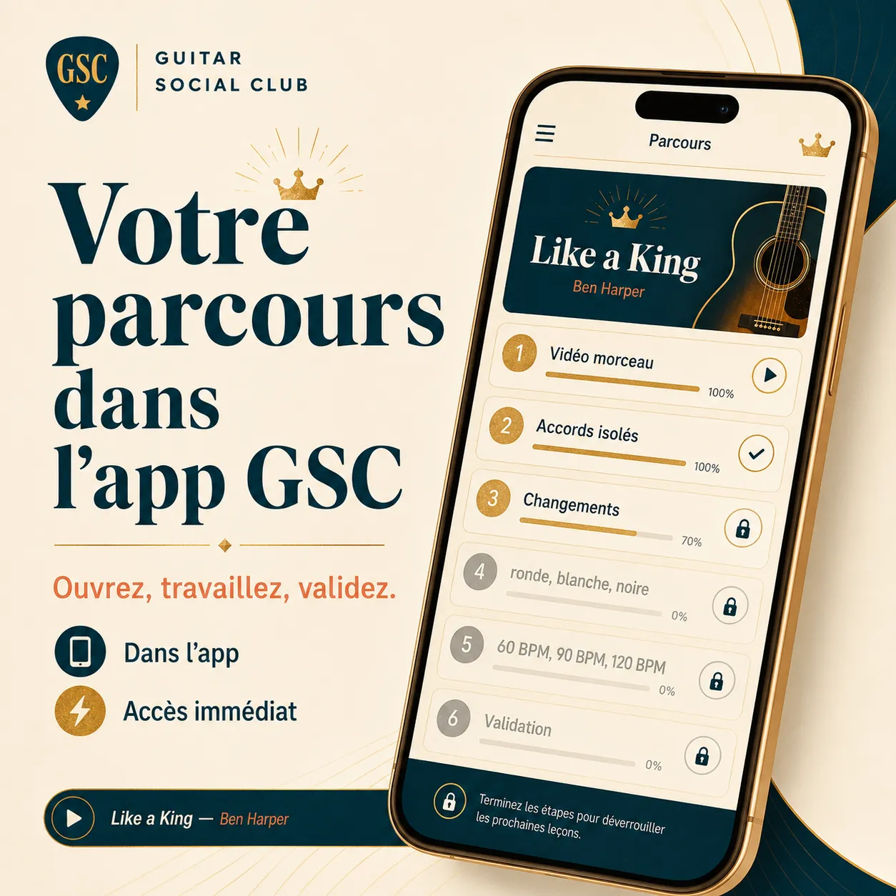 Mockup app Guitar Social Club du parcours Like a King