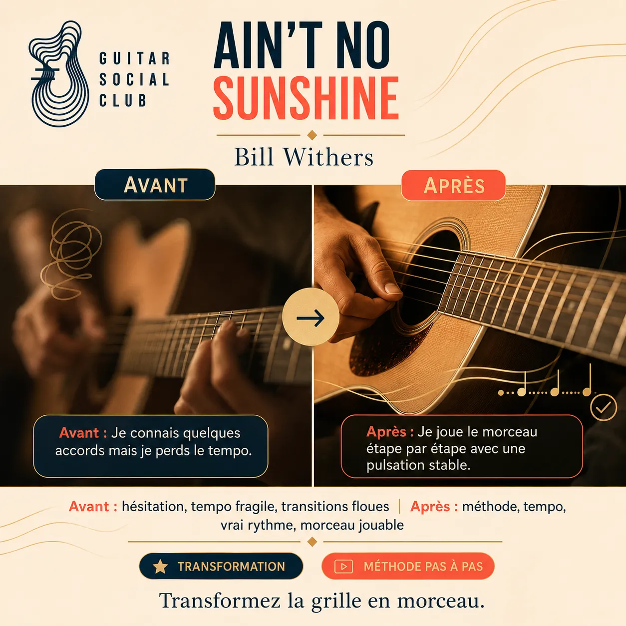 Avant après pédagogique pour transformer la grille en morceau sur Ain't No Sunshine