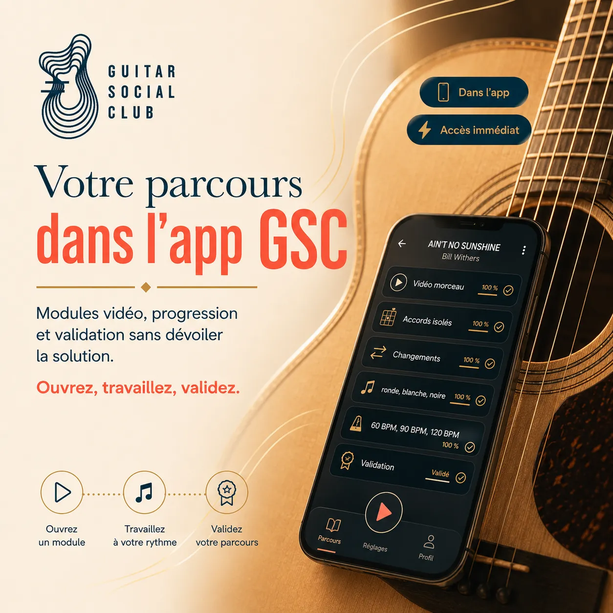 Mockup app Guitar Social Club du parcours Ain't No Sunshine