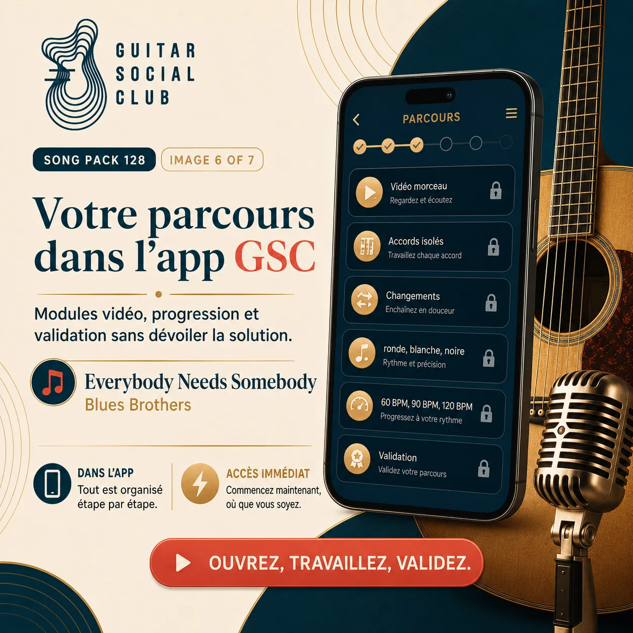 Mockup app Guitar Social Club du parcours Everybody Needs Somebody