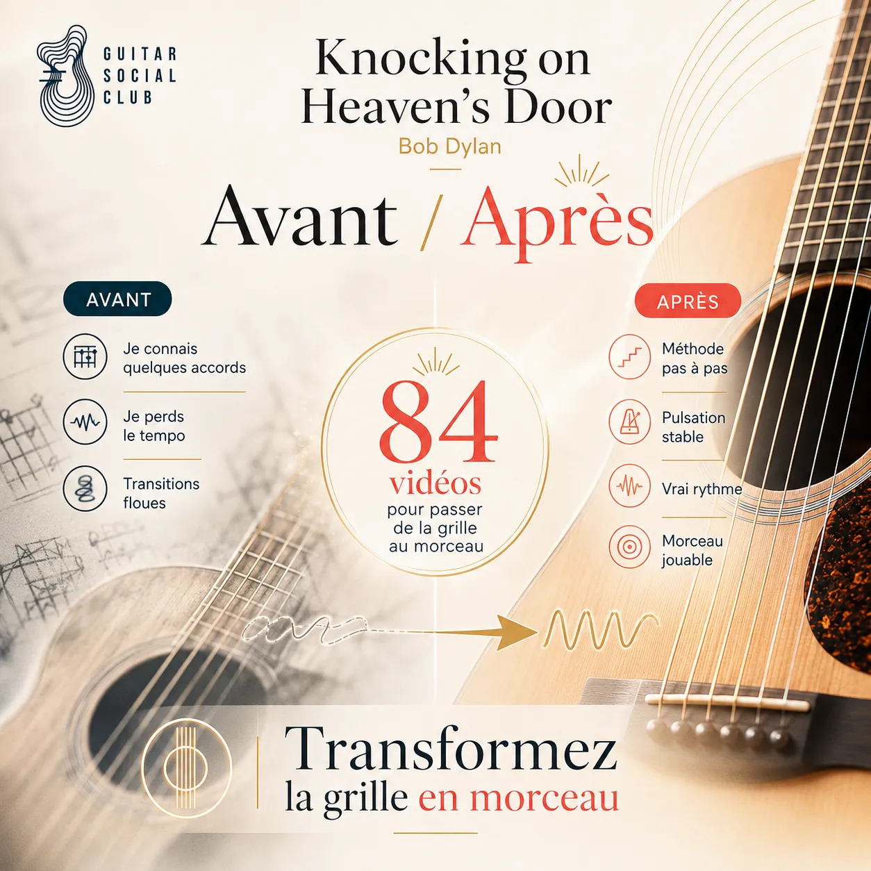 Avant après pédagogique pour transformer la grille en morceau sur Knocking on Heaven's Door