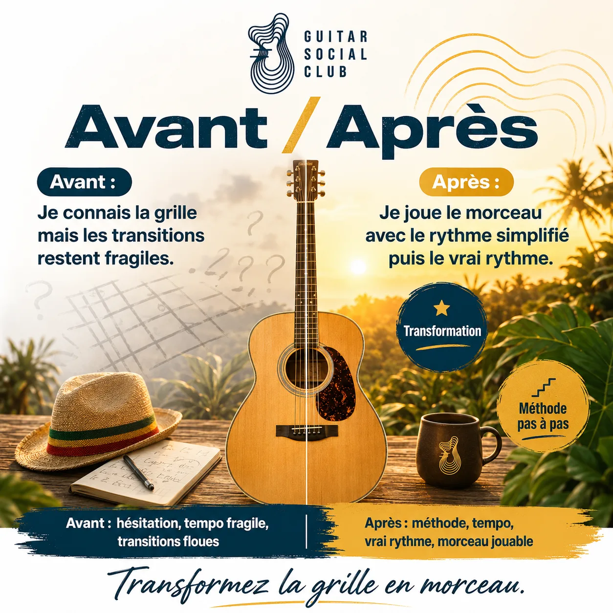 Avant après pédagogique pour transformer la grille en morceau sur I Shot the Sheriff
