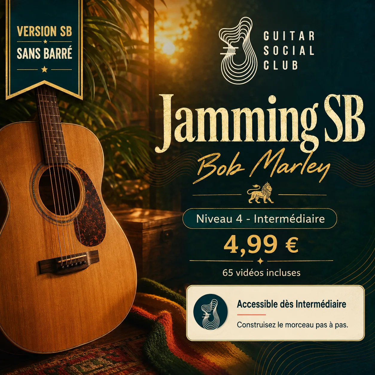 Couverture boutique lumineuse du morceau Jamming (sans barré) - Bob Marley pour Guitar Social Club