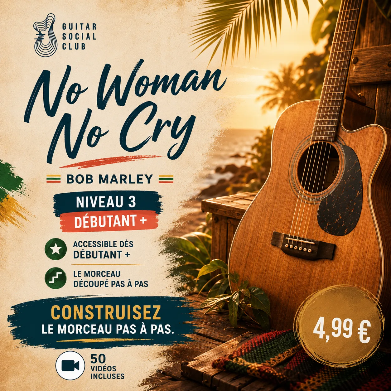 Couverture boutique lumineuse du morceau No Woman No Cry - Bob Marley pour Guitar Social Club