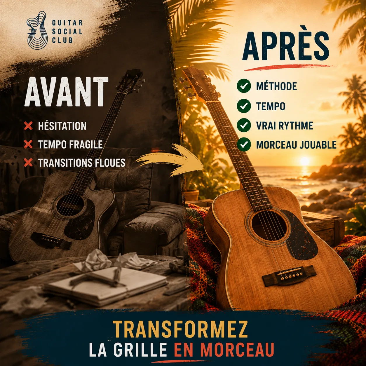 Avant après pédagogique pour transformer la grille en morceau sur No Woman No Cry