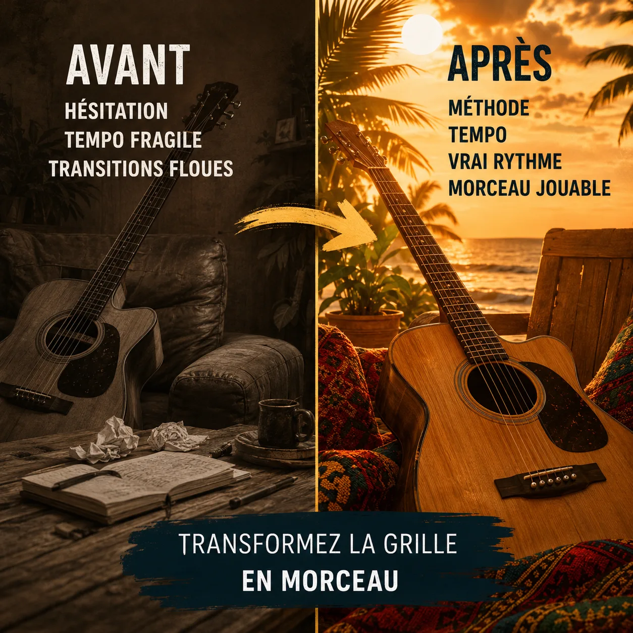 Avant après pédagogique pour transformer la grille en morceau sur Redemption Song