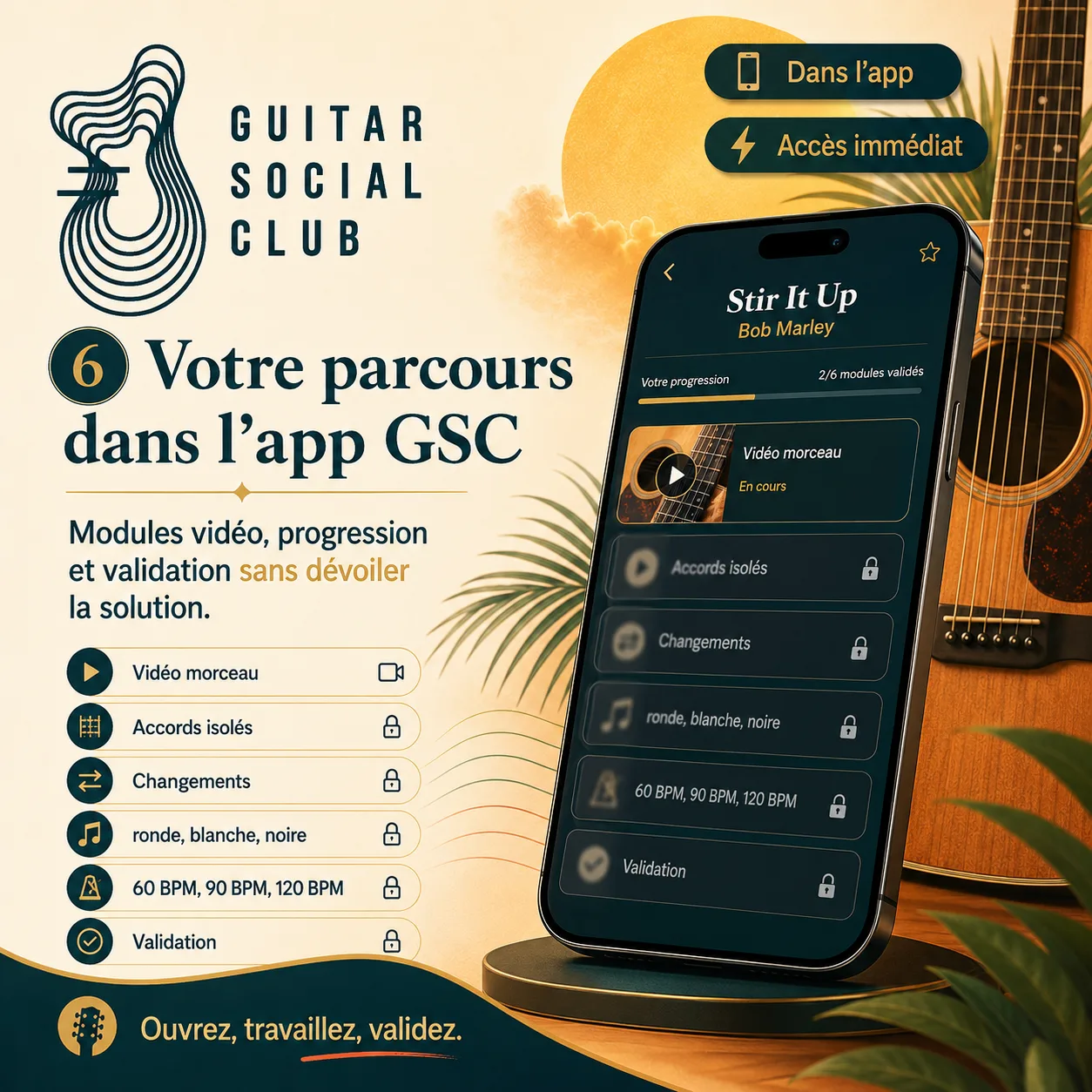 Mockup app Guitar Social Club du parcours Stir It Up