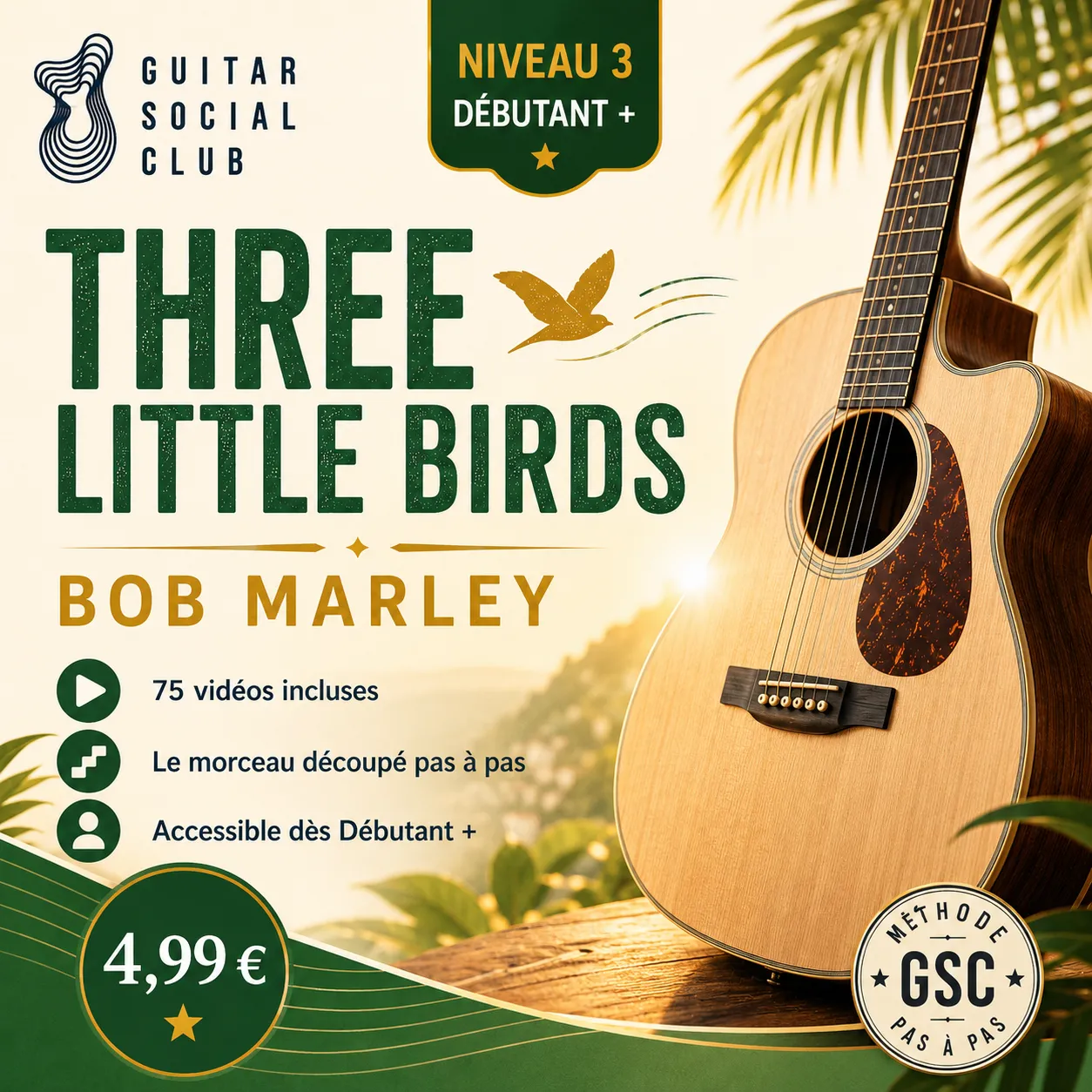 Couverture boutique lumineuse de Three Little Birds avec univers reggae solaire