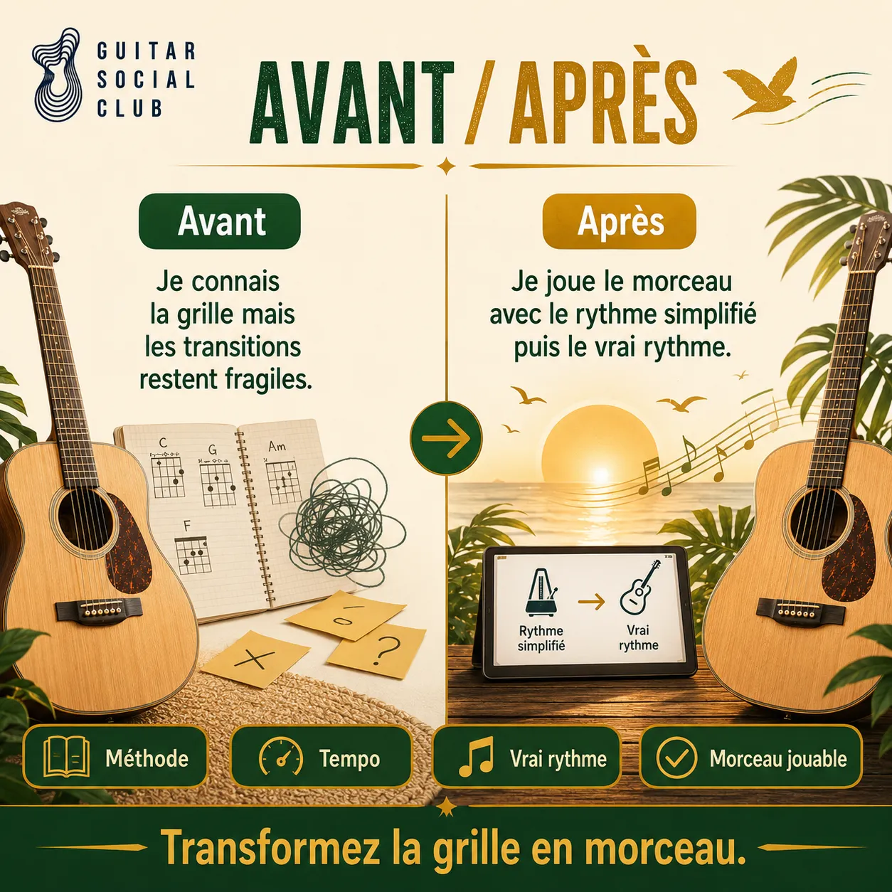 Avant après pédagogique pour transformer la grille en morceau sur Three Little Birds