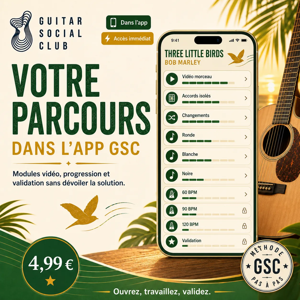 Mockup app Guitar Social Club du parcours Three Little Birds