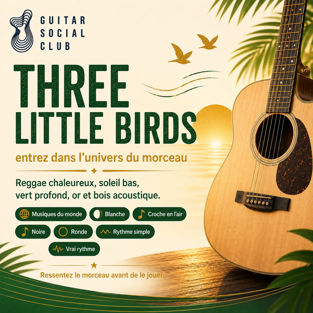Ambiance reggae solaire avec soleil bas, bois acoustique et vert profond pour Three Little Birds sans pochette ni artiste
