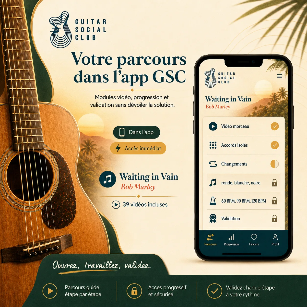 Mockup app Guitar Social Club du parcours Waiting in Vain