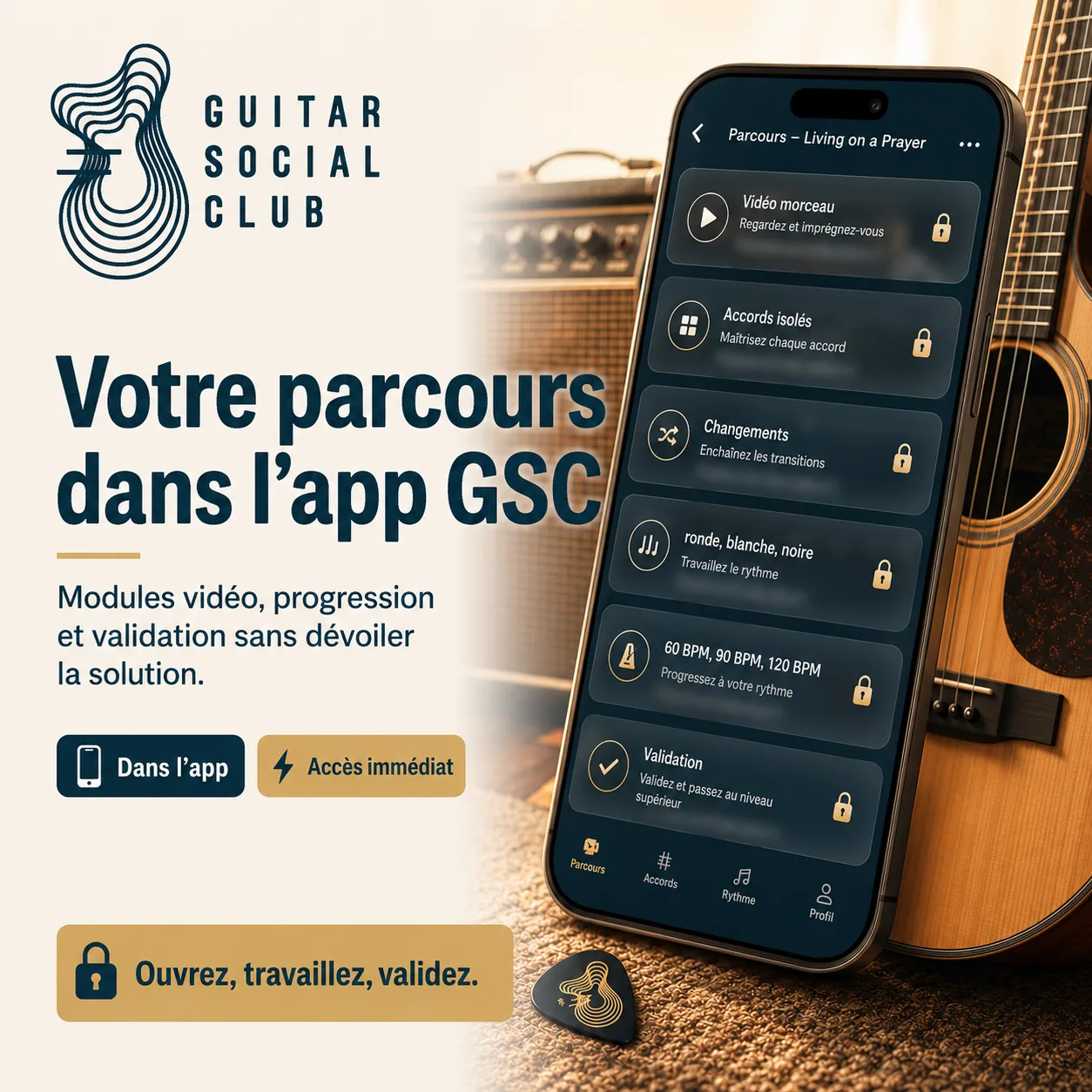 Mockup app Guitar Social Club du parcours Living on a Prayer