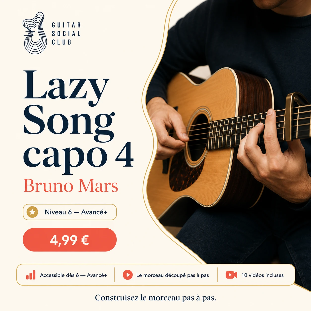 Couverture boutique lumineuse du morceau Lazy Song capo 4 - Bruno Mars pour Guitar Social Club