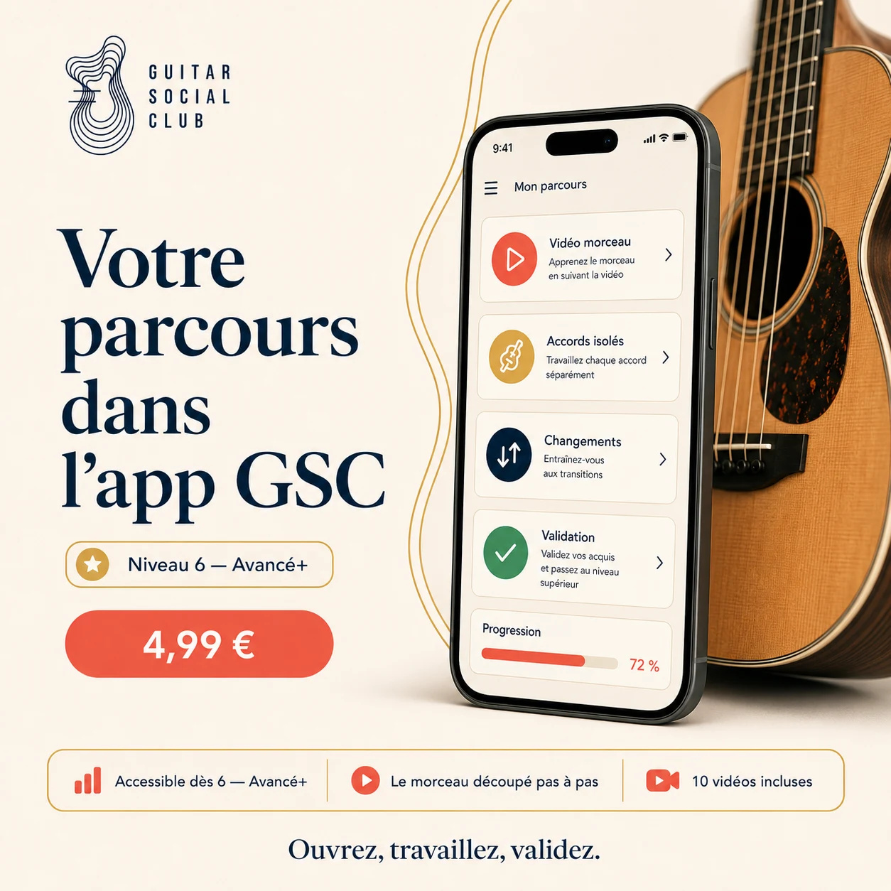 Mockup app Guitar Social Club du parcours Lazy Song capo 4