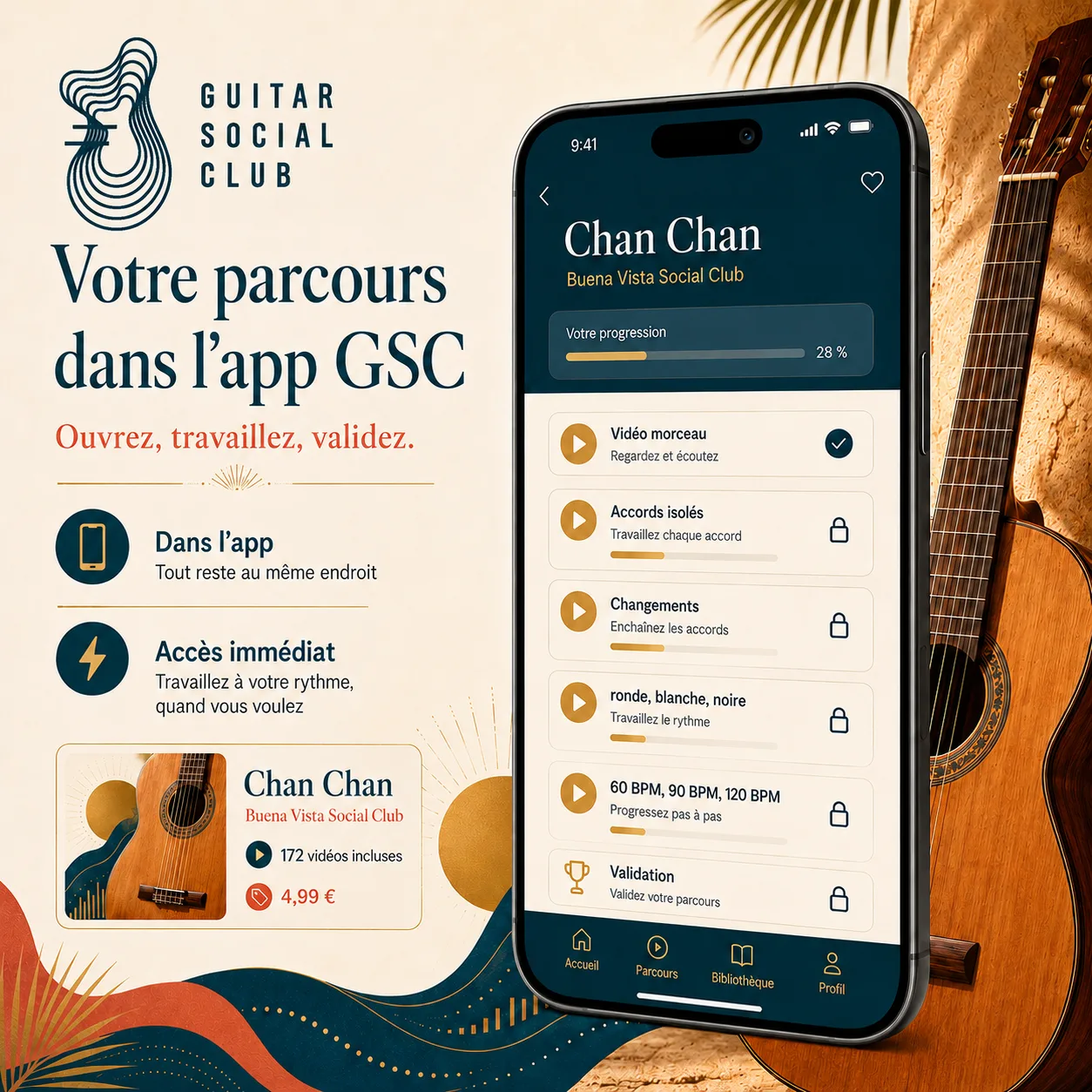Mockup app Guitar Social Club du parcours Chan Chan