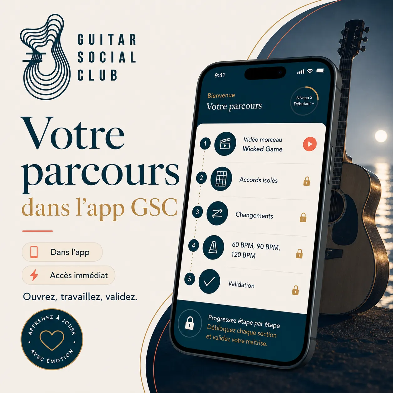 Mockup app Guitar Social Club du parcours Wicked Game