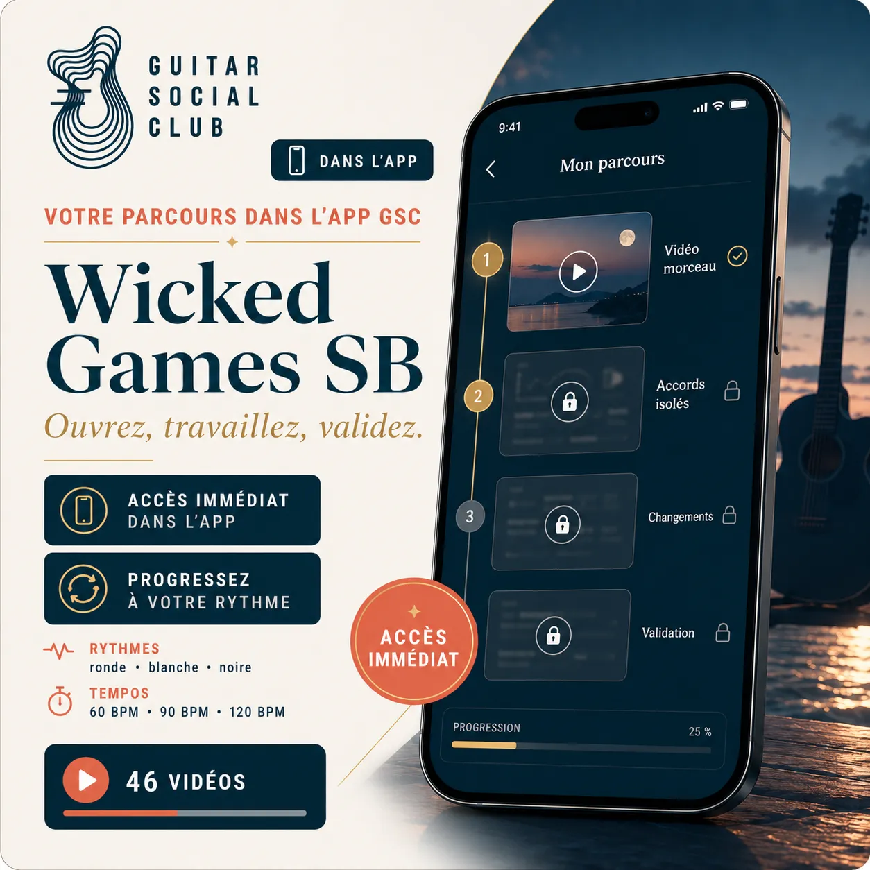 Mockup app Guitar Social Club du parcours Wicked Games SB