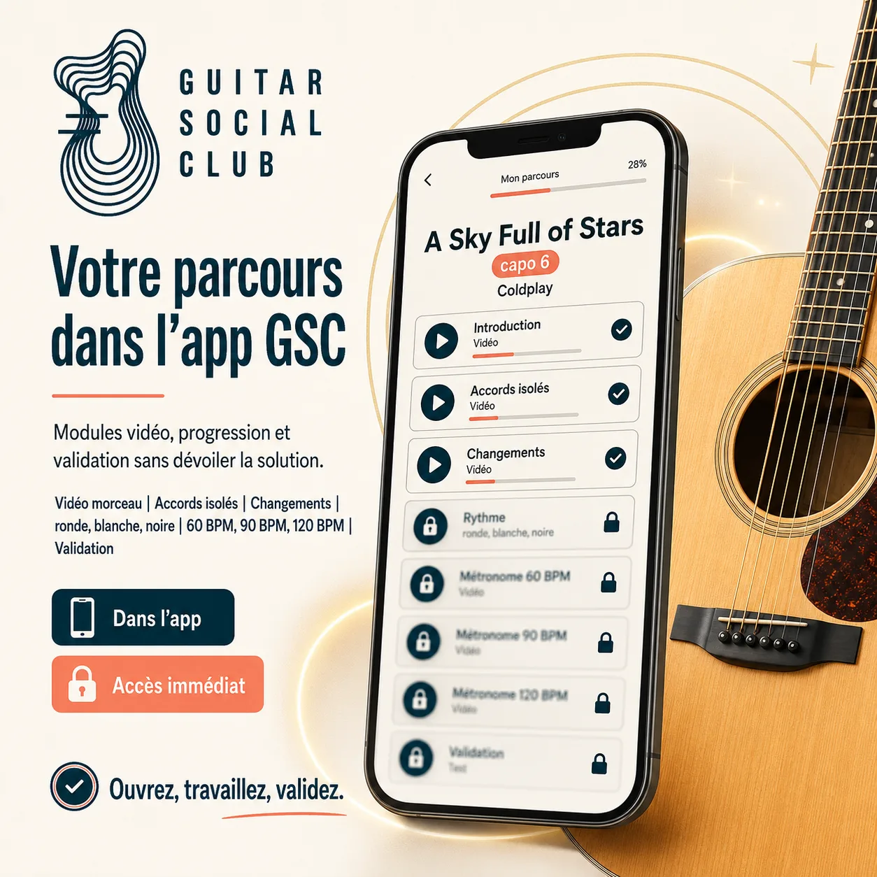 Mockup app Guitar Social Club du parcours A Sky Full of Stars capo 6