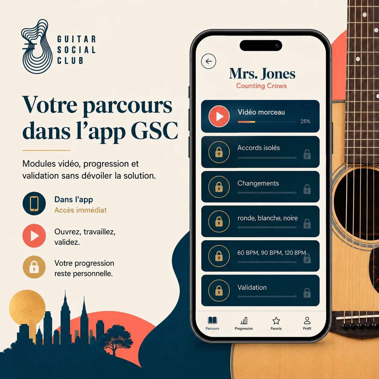 Mockup app Guitar Social Club du parcours Mrs. Jones