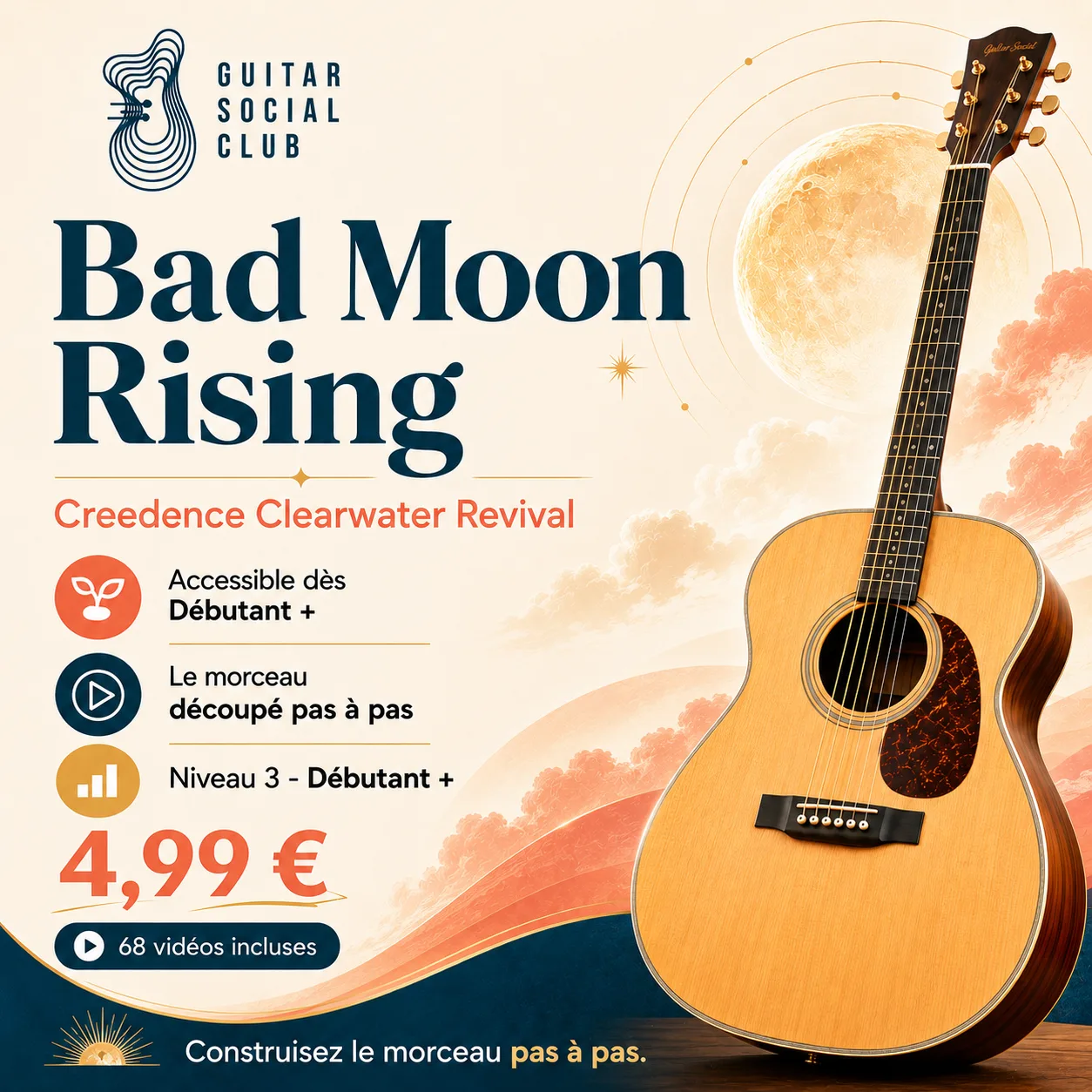 Couverture boutique lumineuse du morceau Bad Moon Rising - Creedence Clearwater Revival pour Guitar Social Club