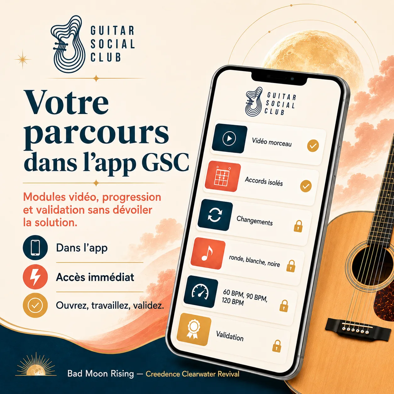 Mockup app Guitar Social Club du parcours Bad Moon Rising