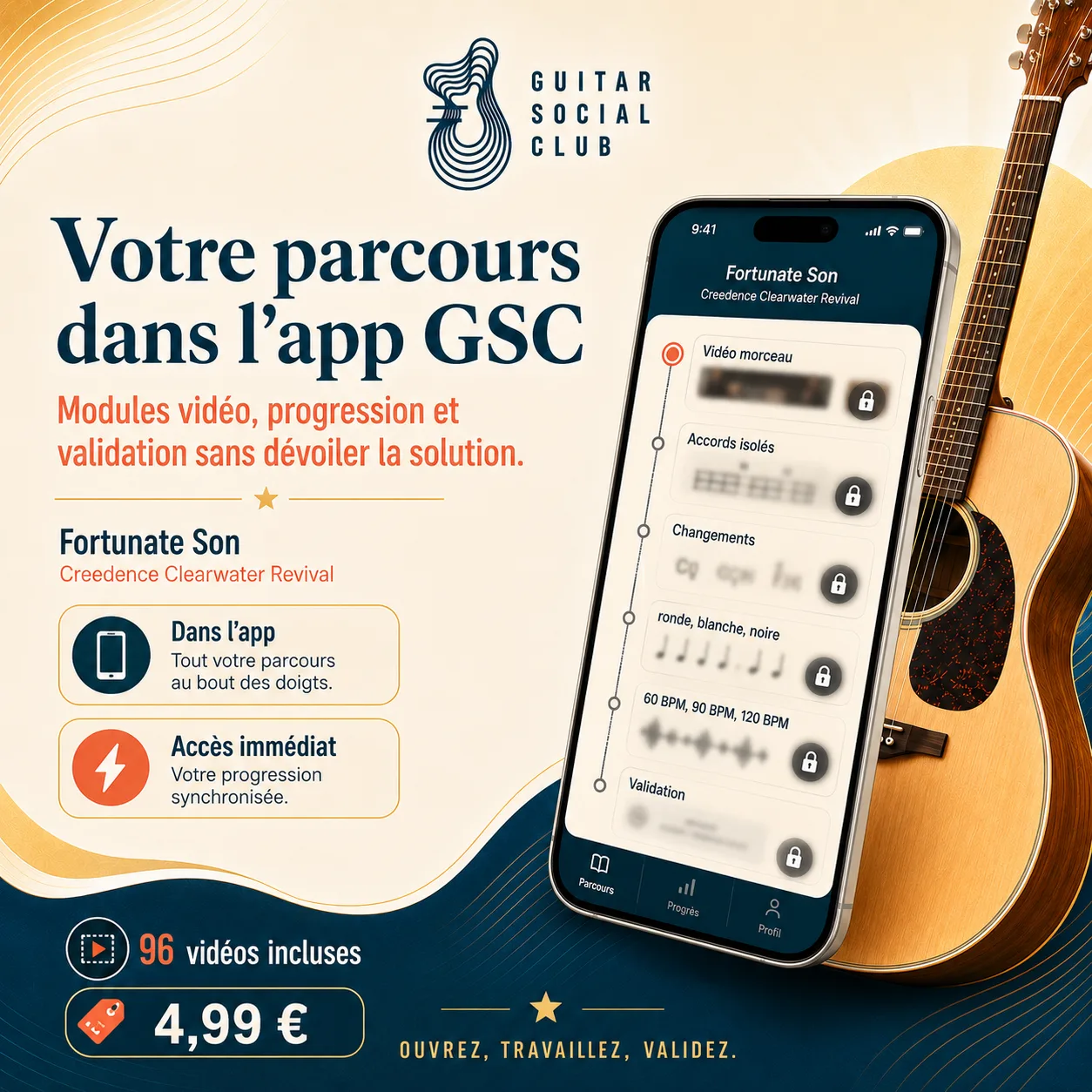 Mockup app Guitar Social Club du parcours Fortunate Son