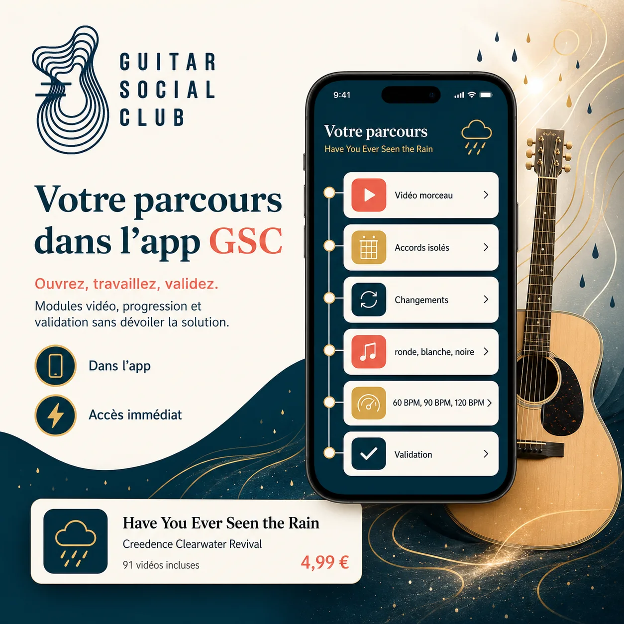Mockup app Guitar Social Club du parcours Have You Ever Seen the Rain