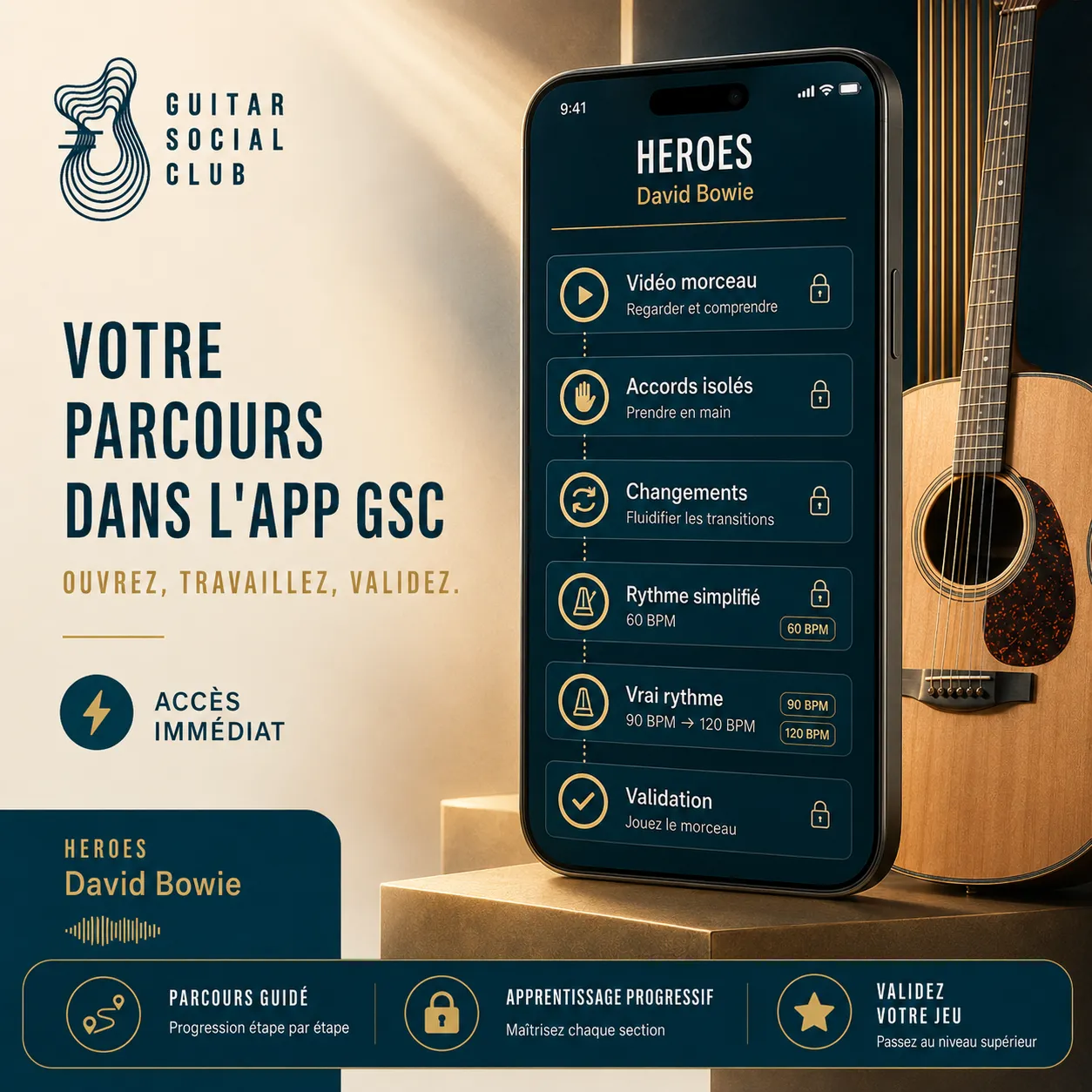Mockup app Guitar Social Club du parcours Heroes
