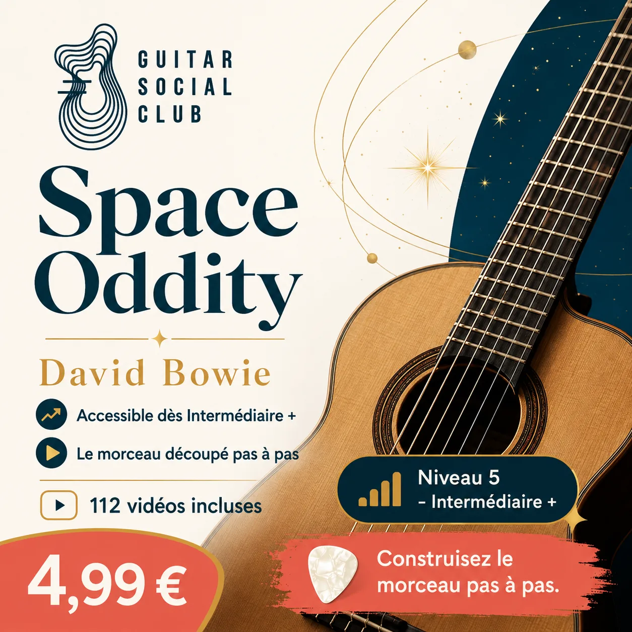Couverture boutique lumineuse du morceau Space Oddity - David Bowie pour Guitar Social Club