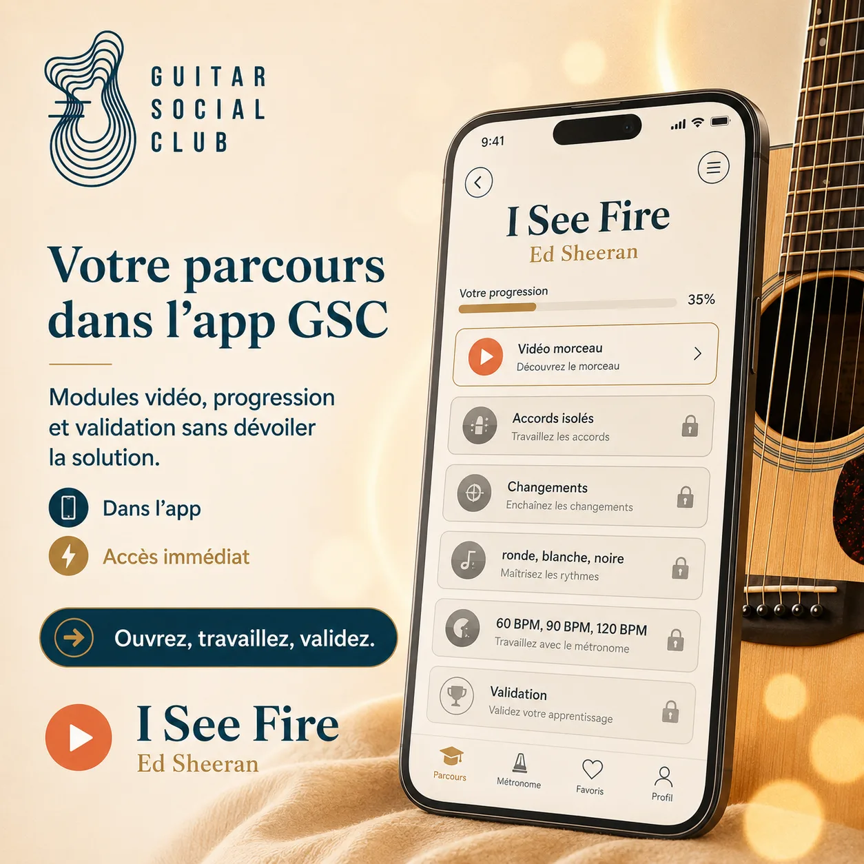 Mockup app Guitar Social Club du parcours I See Fire